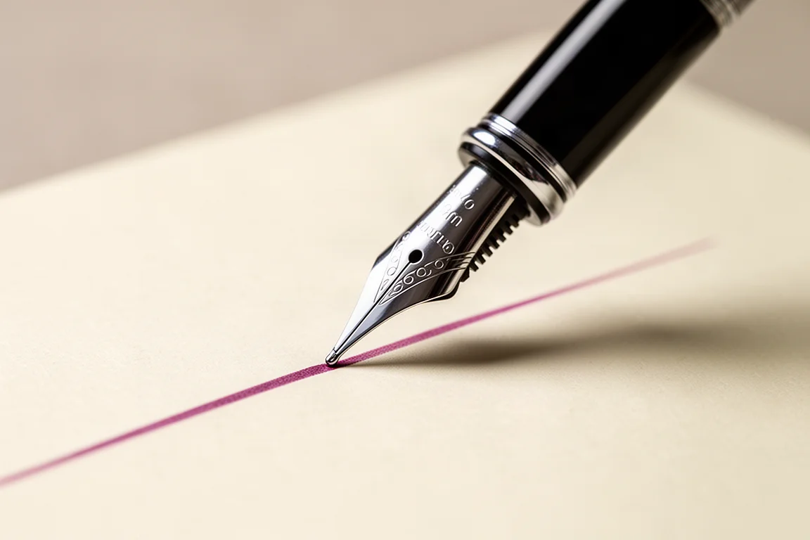 Eine Feder eines Füllfederhalters schreibt mit rosa Tinte auf cremefarbenem Papier