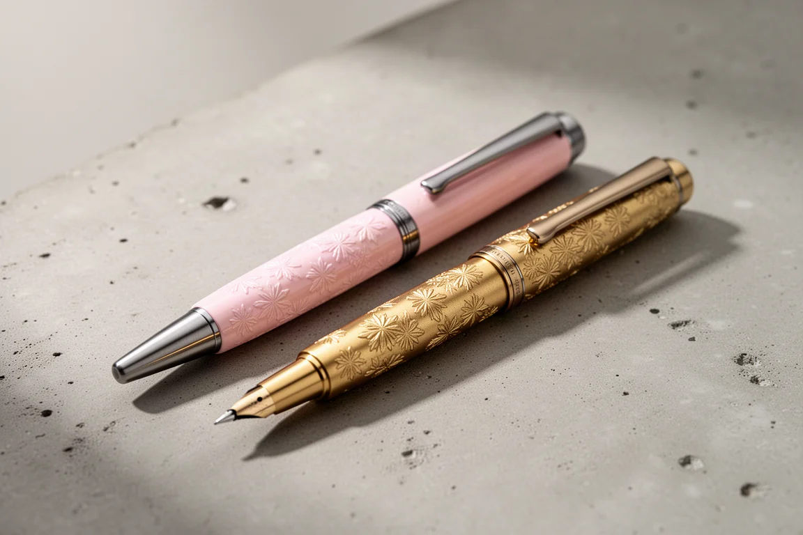 Pink and golden textured fountain pens side by side on a concrete surface