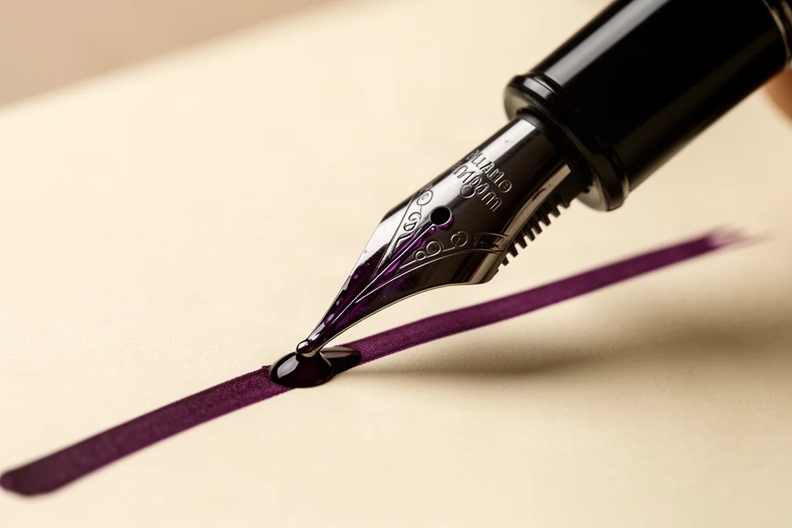 Zbliżenie na czarną końcówkę pióra wiecznego z obfitym przepływem tuszu na kremowym papierze