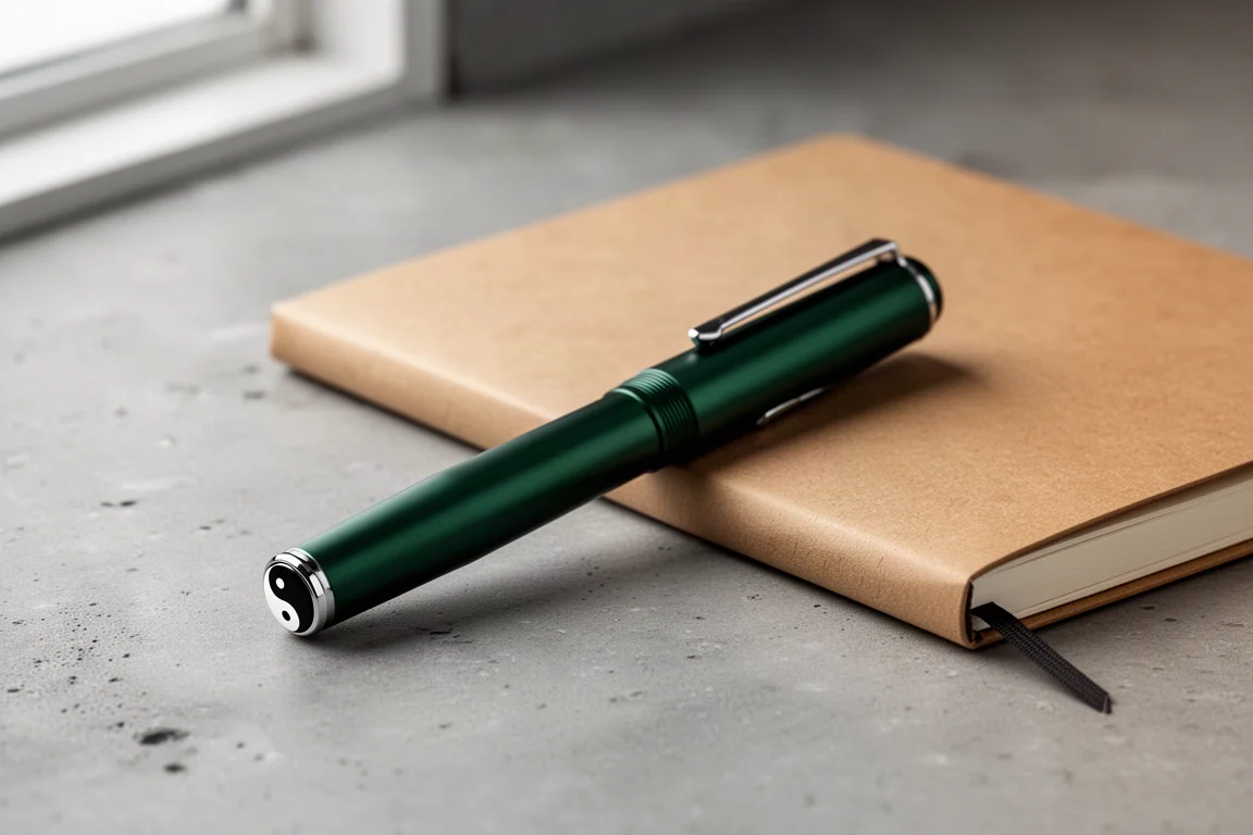 Dark green aluminum fountain pen resting beside a kraft field journal on concrete