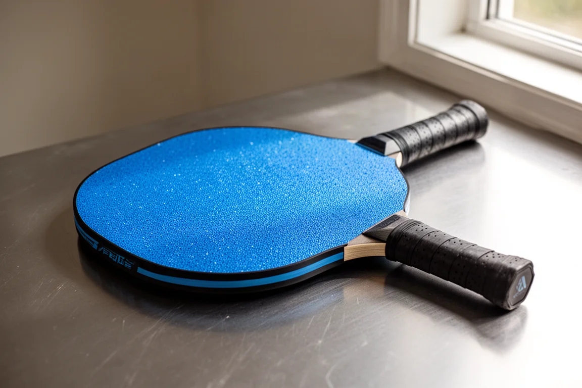 Five pickleball paddles with different finishes arranged on a concrete surface
