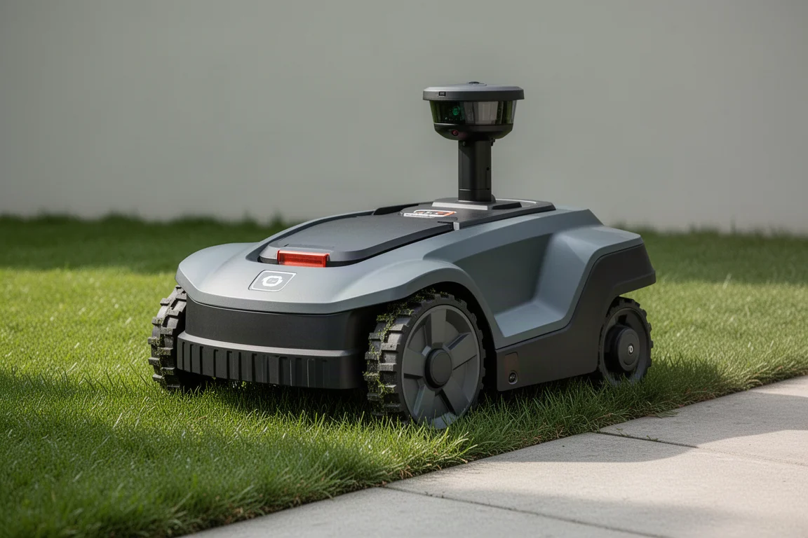 Hookii Neomow X2 Pro robotic mower on a trimmed lawn beside a concrete path