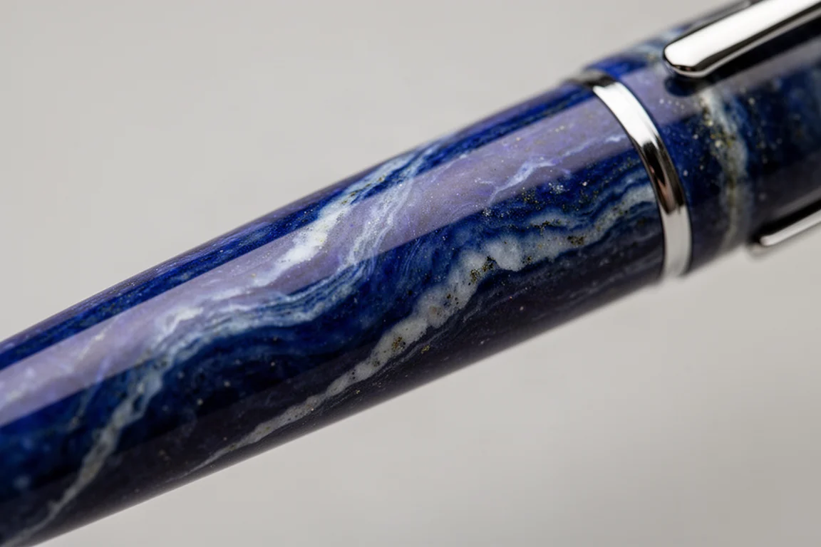 Corps de stylo-plume en résine bleu lapis-lazuli montrant un motif veiné tourbillonnant