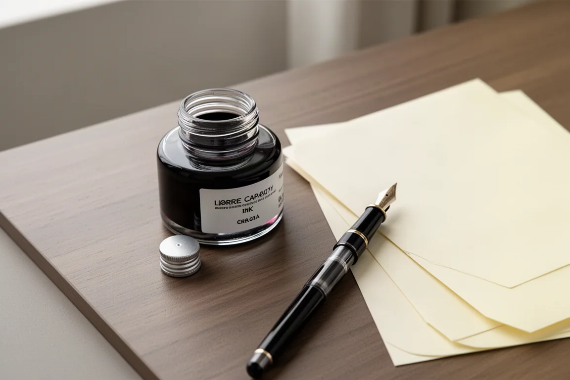 Cartouche d'encre à large ouverture à côté d'une section de stylo-plume sur un bureau