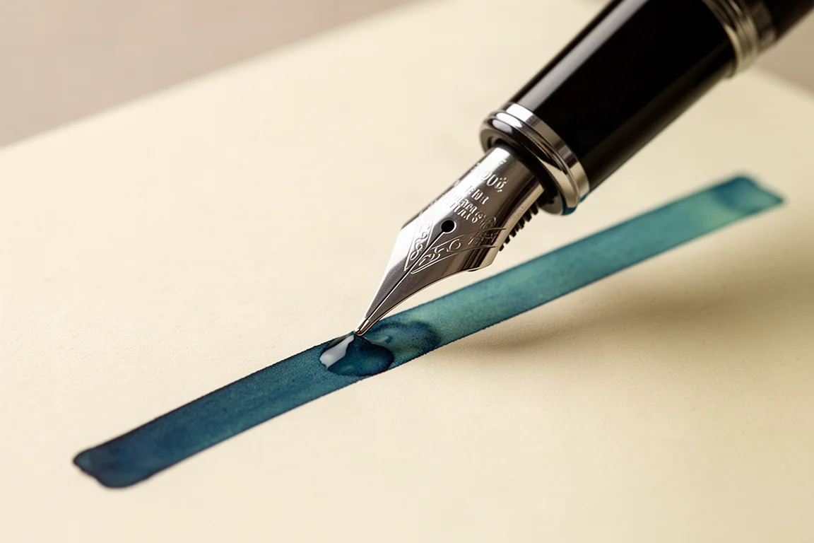 Stylo-plume traçant un trait humide bleu-vert sur papier crème