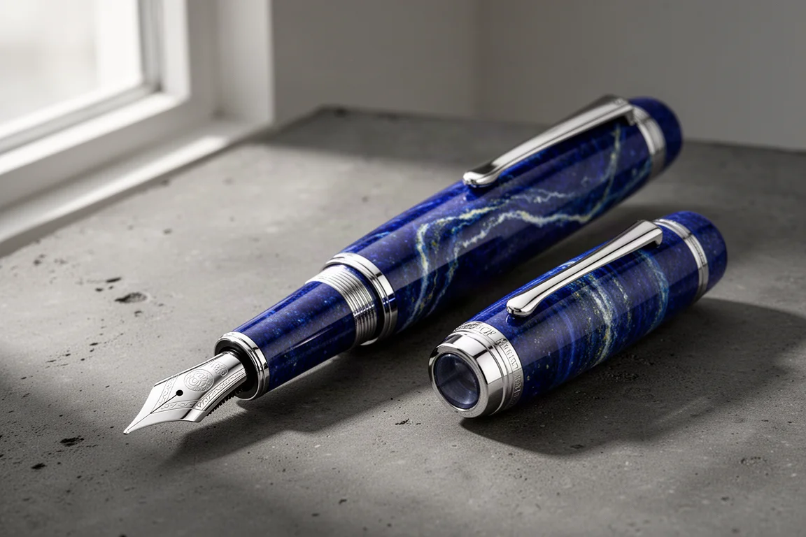 Penna stilografica artigianale blu in lapislazzuli senza tappo su una superficie di cemento scuro
