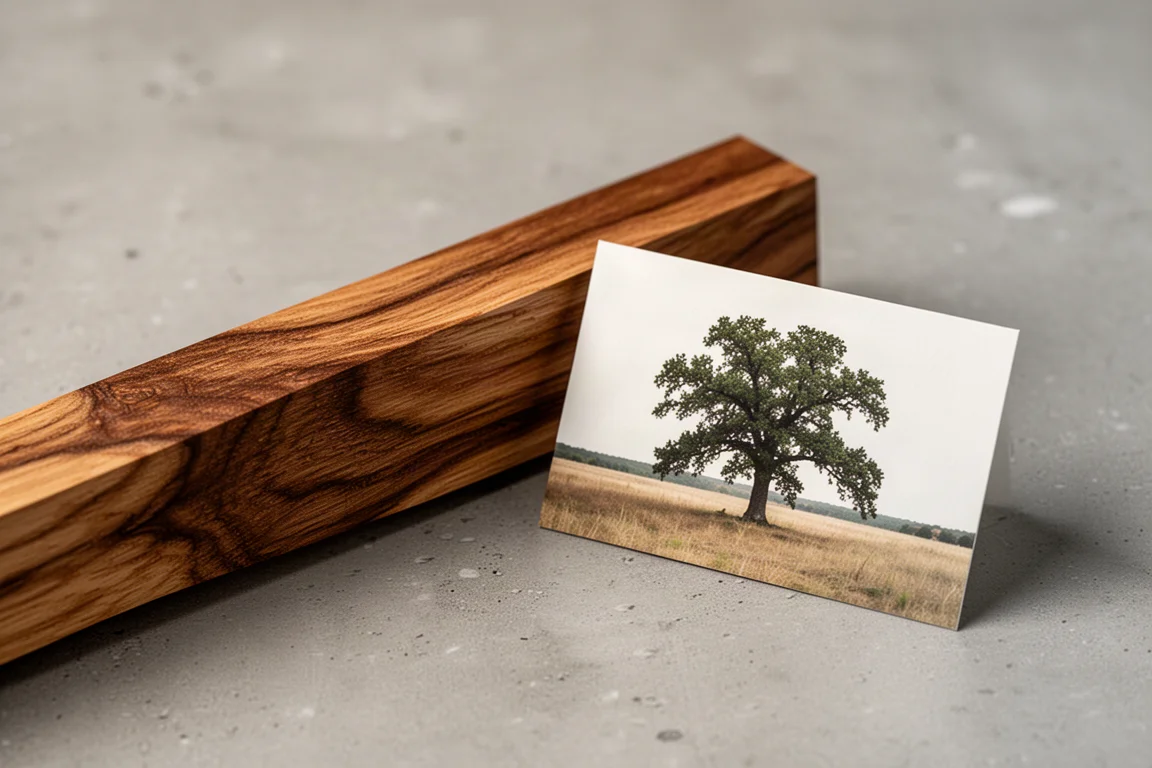 Fusto in quercia stabilizzata con venature calde accanto a una tessera certificato