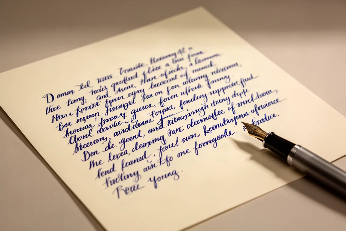 Esempio di scrittura a mano con inchiostro blu saturo su carta color crema