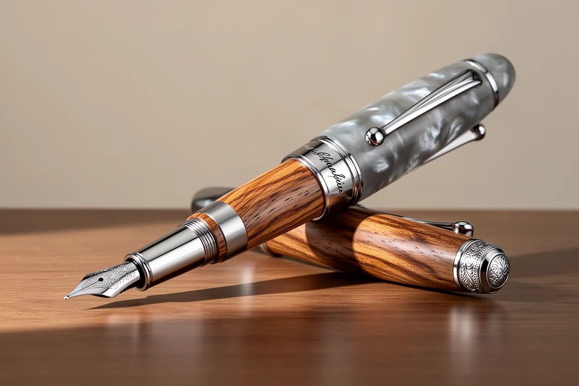 Handmade custom fountain pen with grey resin cap and stabilized oak barrel on a wooden desk