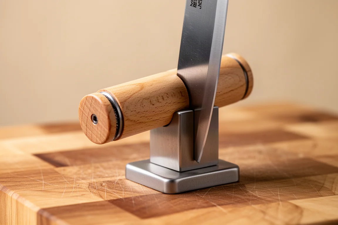 Roller sharpener being rolled along a knife edge clamped to a magnetic support