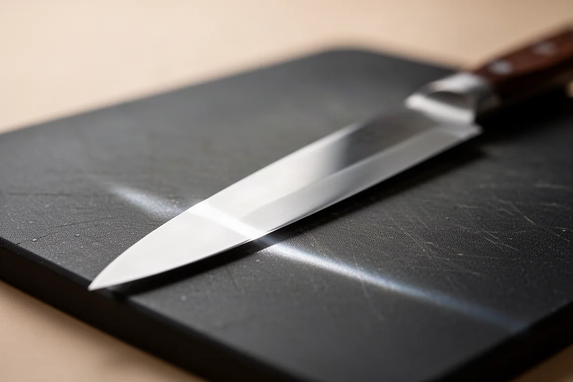 Close-up of a freshly sharpened knife edge on a cutting board
