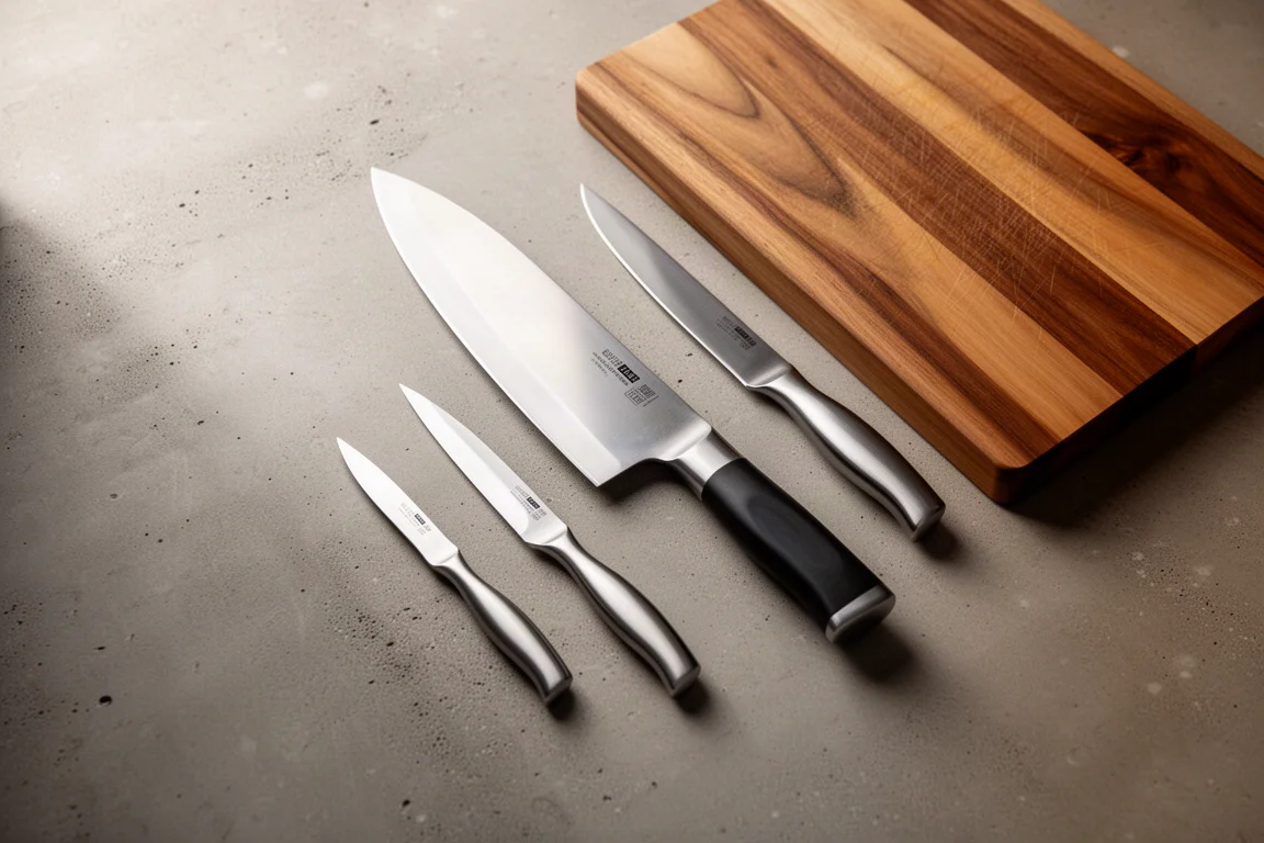 Collection of assorted kitchen knives arranged on a wooden surface