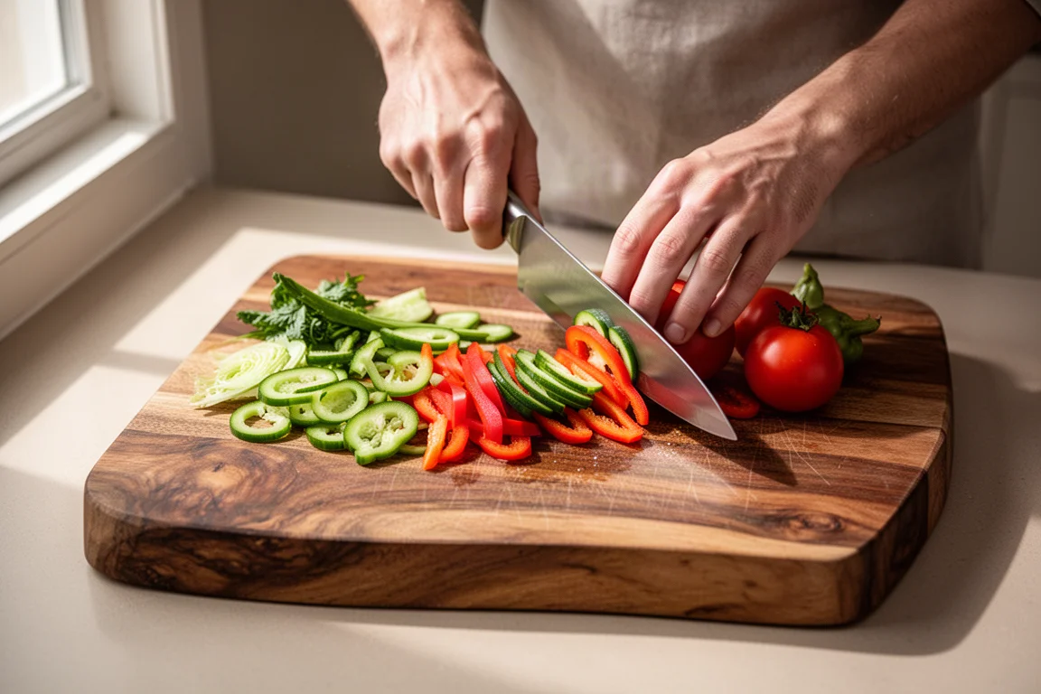 Home cook slicing vegetables with a sharp knife on a wooden board