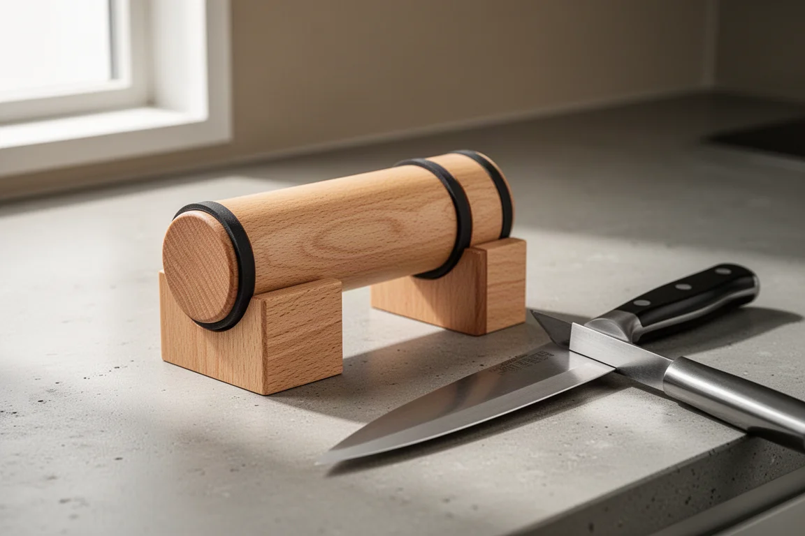 Wooden roller knife sharpener with magnetic angle support and chef's knife on concrete counter