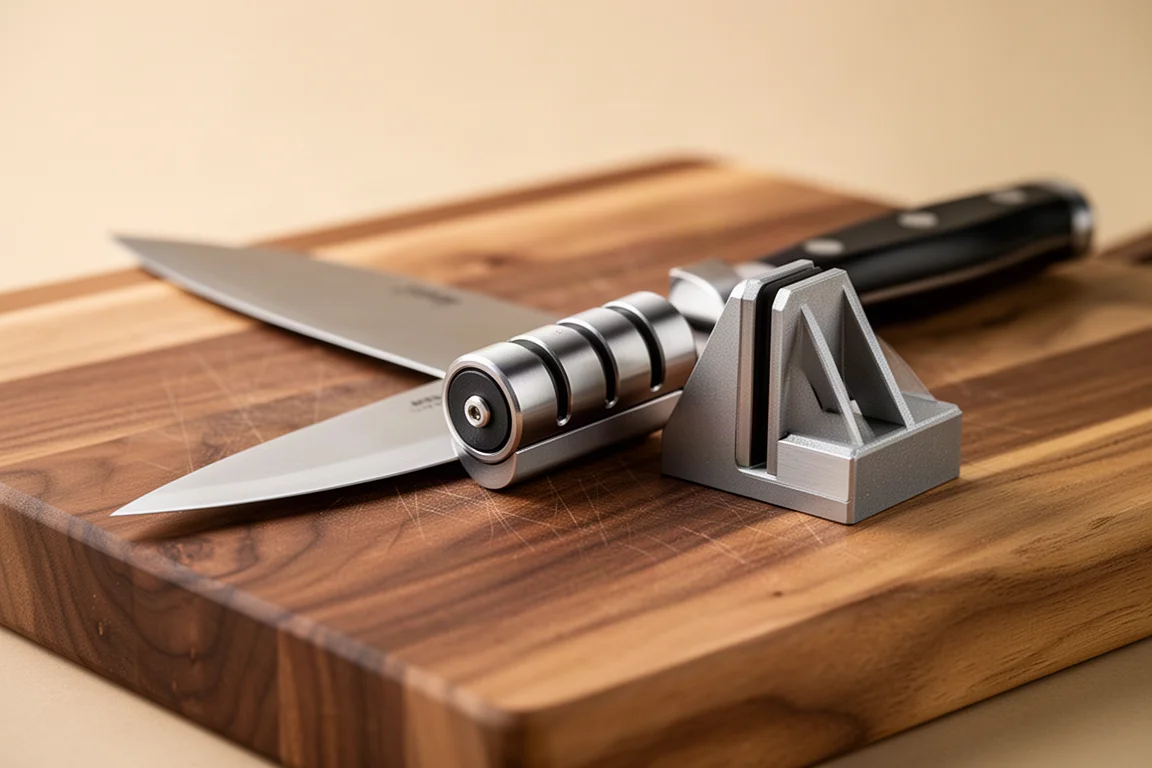 Rolling sharpener being guided along the edge of a kitchen knife on a wooden board