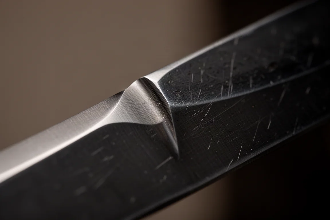 Close view of a knife edge with a fine burr catching light