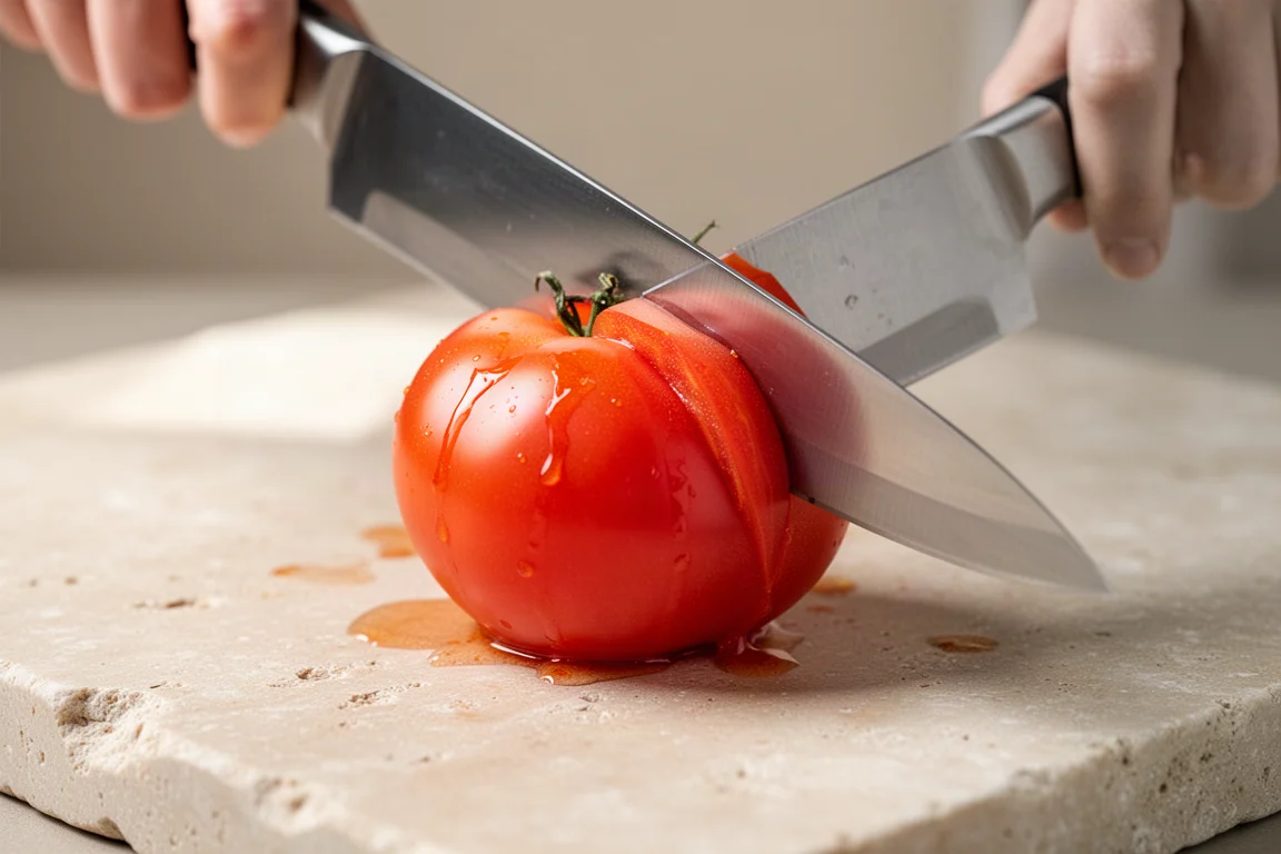 Freshly sharpened knife slicing cleanly through a ripe tomato