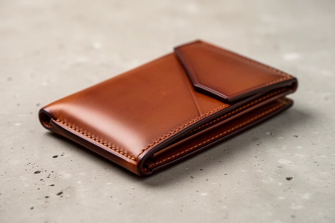 Slim brown leather wallet with security flap on a concrete surface