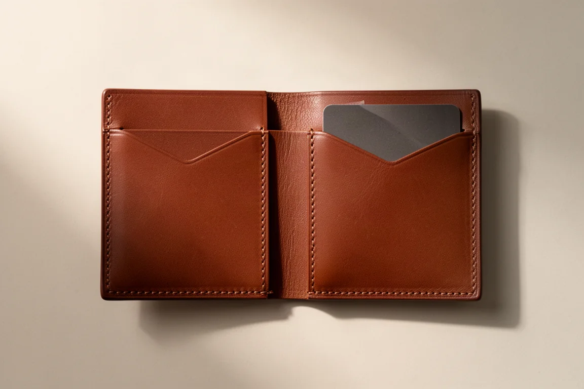 Wallet opened flat showing internal card pockets and cash compartment