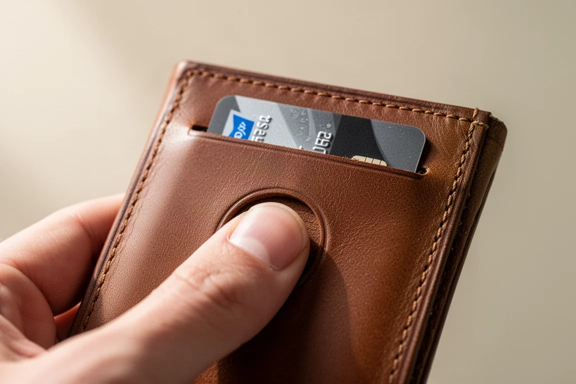Thumb pushing a credit card out of a hidden rear quick access pocket