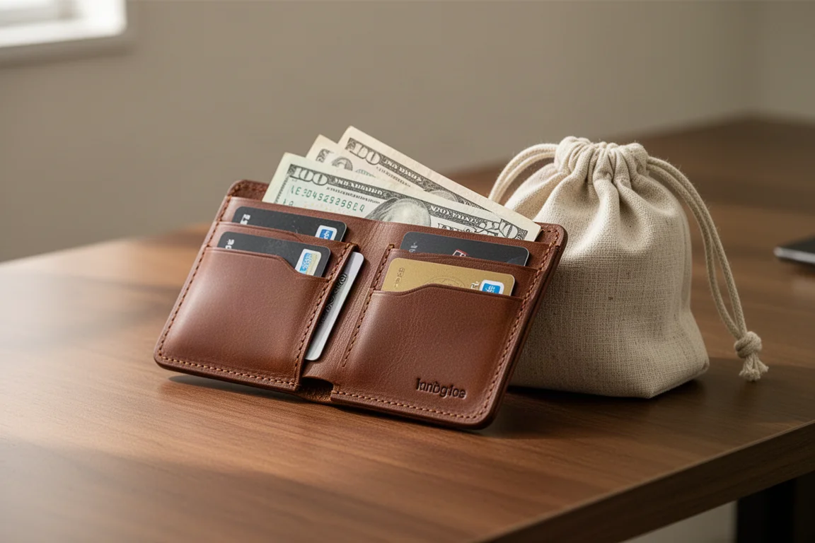 Wallet fully loaded with folded cash and cards beside a slim fabric pouch