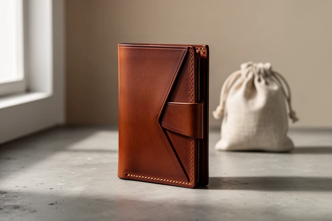 Slim brown leather minimalist wallet with security flap on a concrete surface