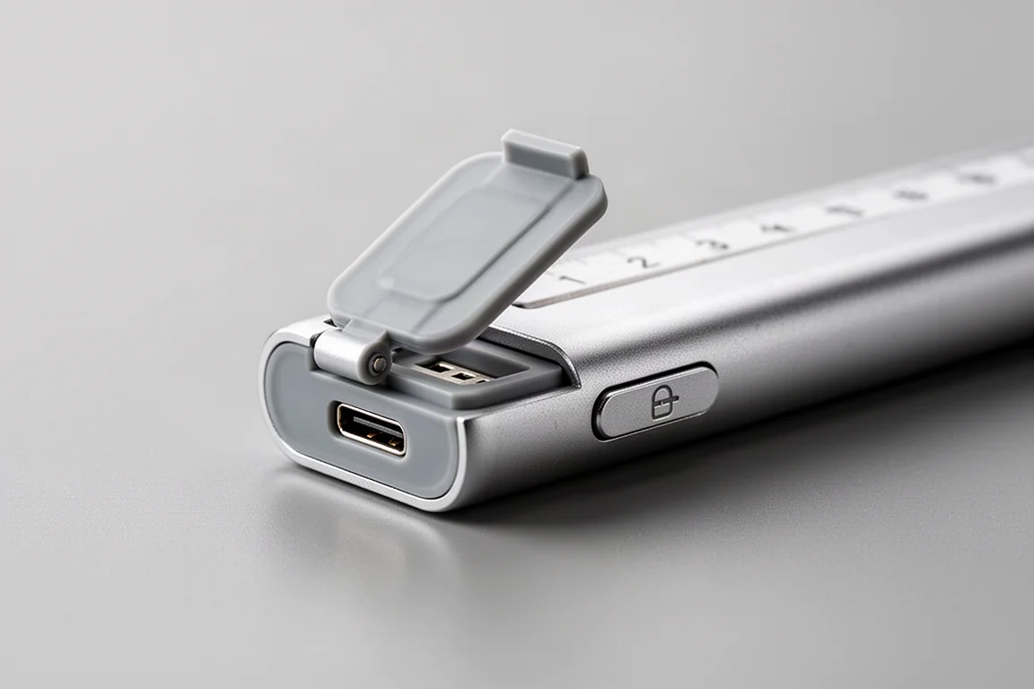Hand hebt eine kleine Abdeckung an und gibt einen USB Type-C-Ladeanschluss frei