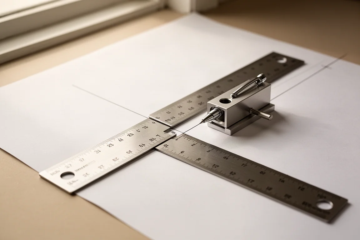 Lineal mit einem Stift in einem Zeichen-Aufsatz zieht eine gerade Linie
