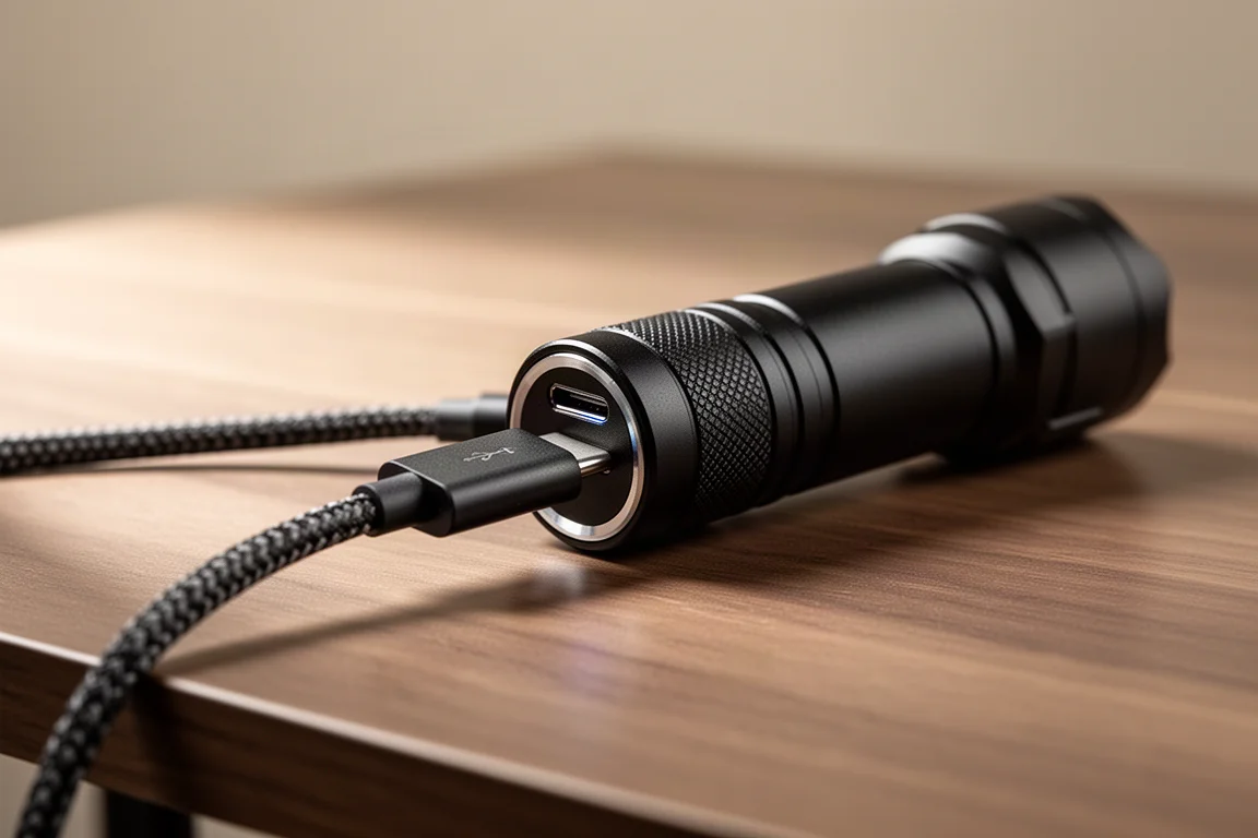 Cavo USB-C collegato alla parte posteriore di una piccola torcia in metallo