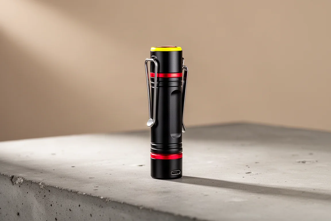 Compact metal pen flashlight with red and yellow accents on a concrete surface