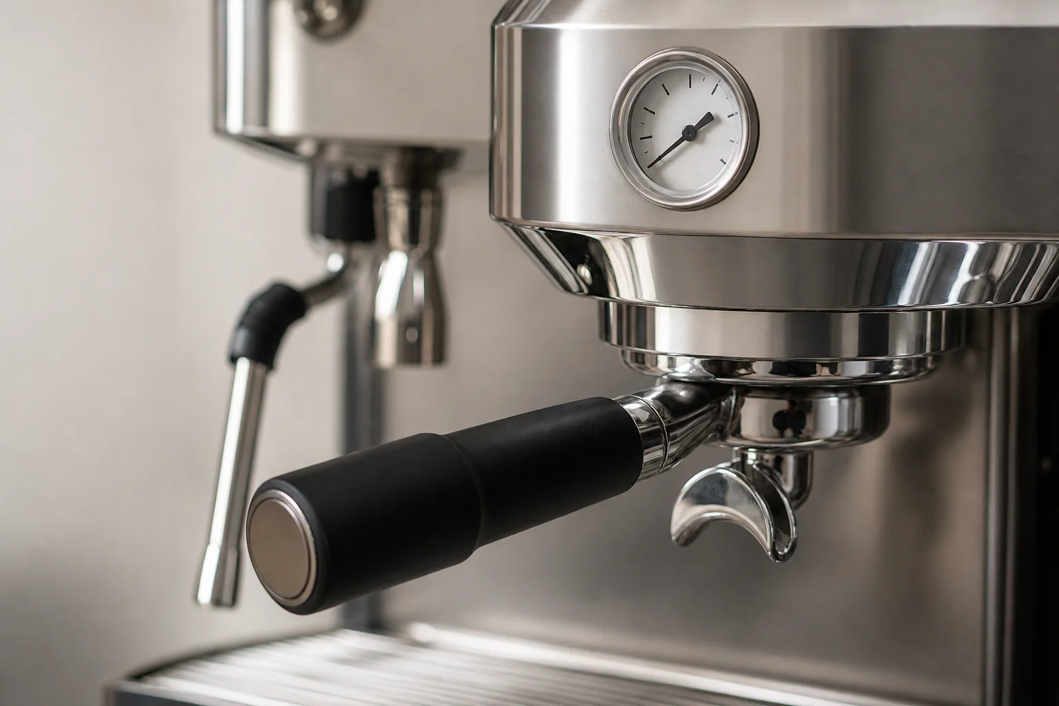Nahaufnahme einer Espressomaschinen-Brühgruppe mit Manometer und Siebträger
