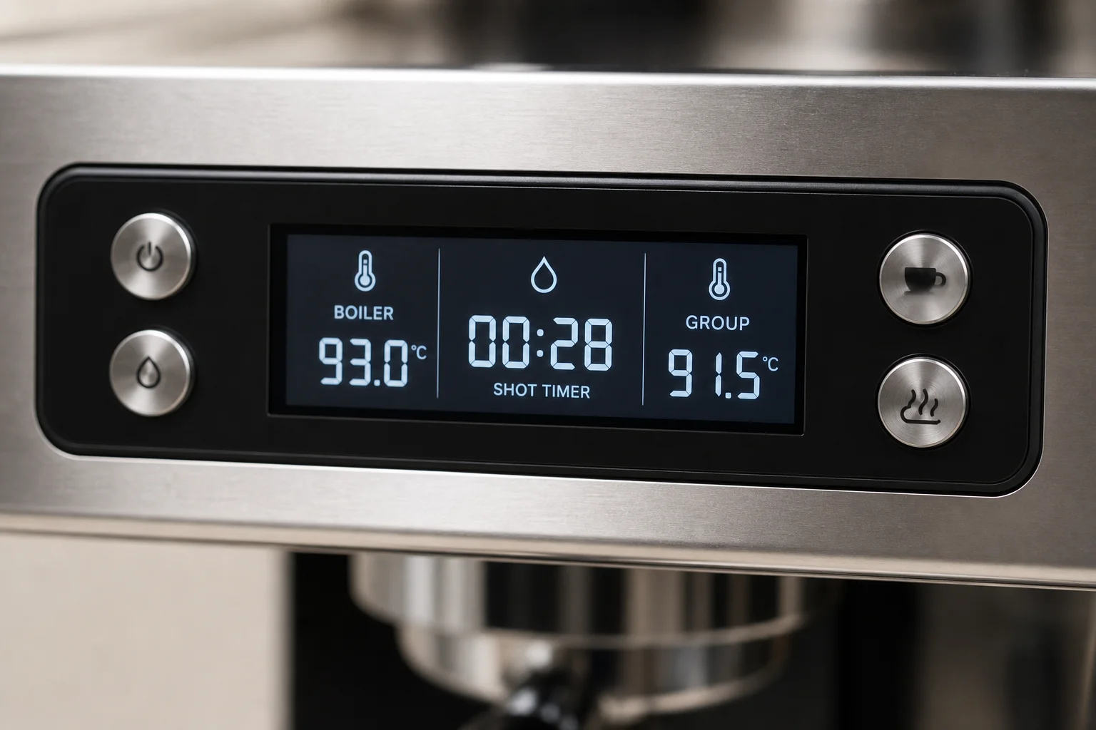 Digitales LCD-Display einer Espressomaschine mit Temperatur- und Zeitsteuerung