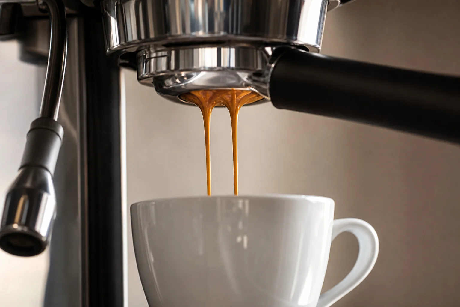 Espresso-Extraktion mit sichtbarer Crema und goldbrauner Flüssigkeit in einer weißen Tasse