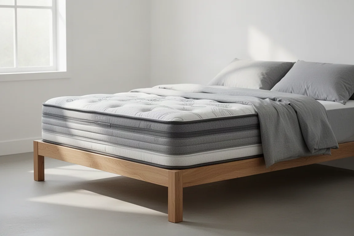 Skummadrass med flera lager på en sängram i ett ljust och minimalistiskt sovrum