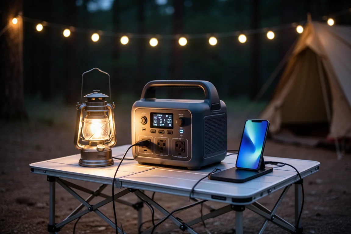 Bärbar kraftstation som laddar enheter på ett campingbord under ljusslingor