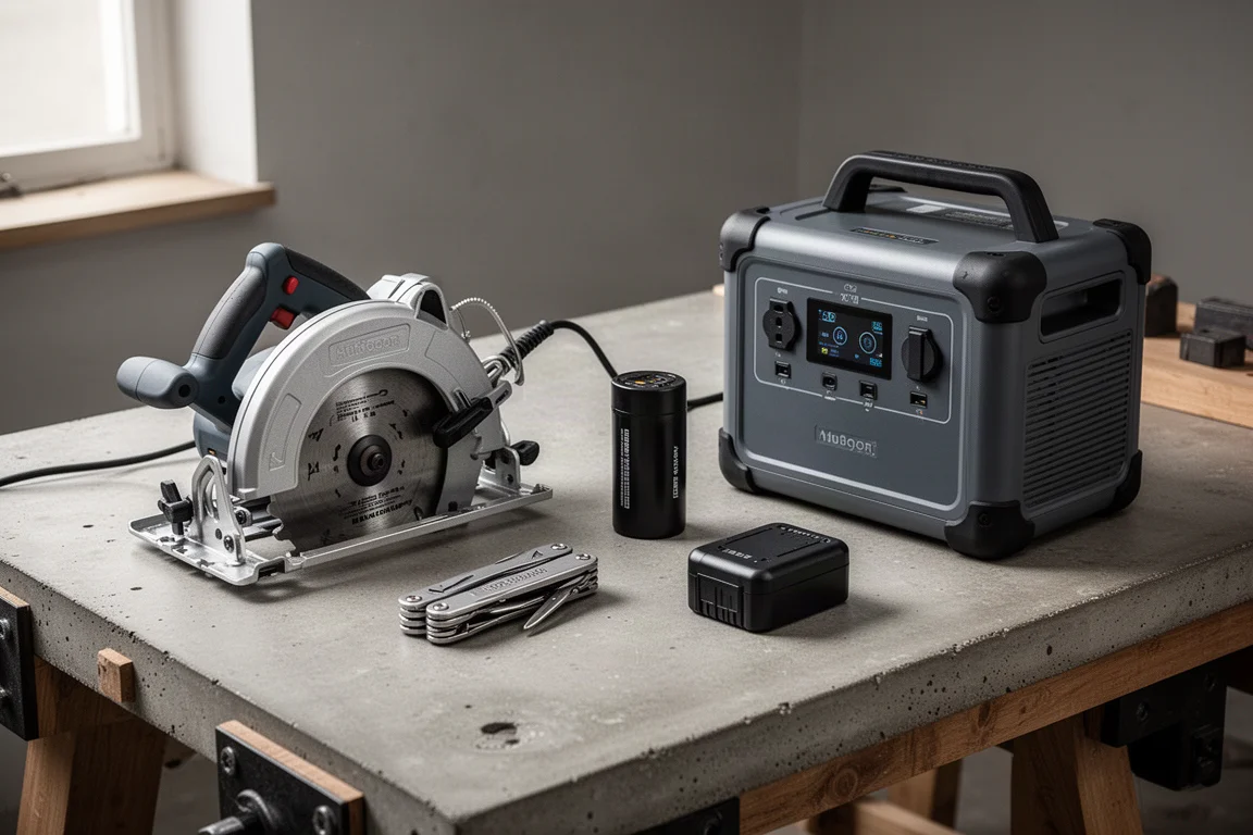 Assorted tools and a power station arranged on a concrete workshop bench