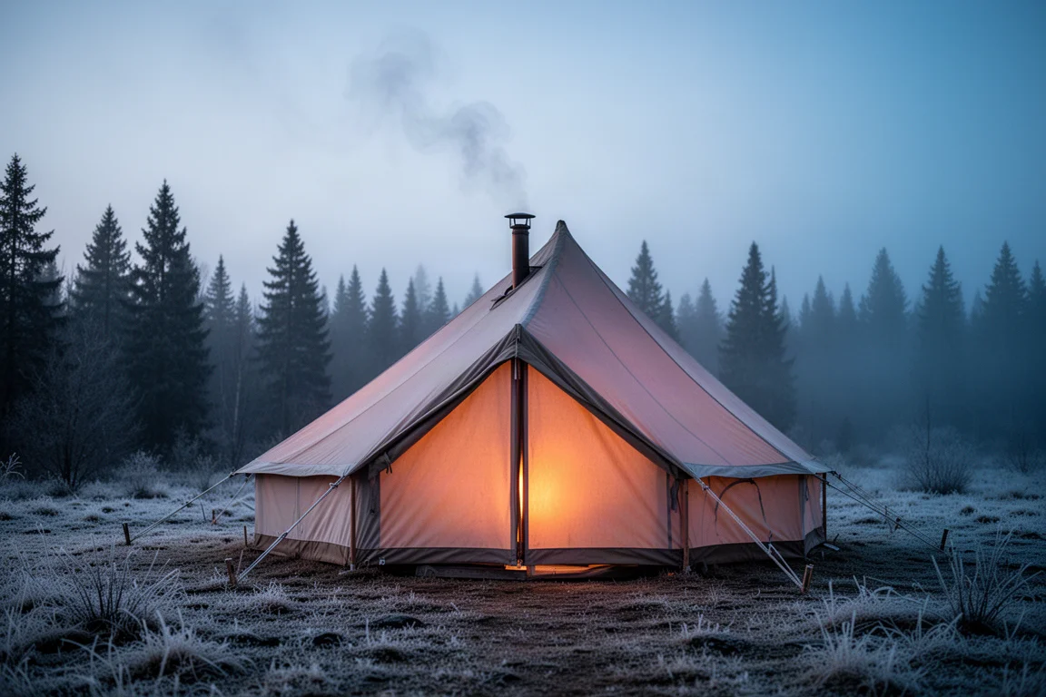 Hot tent in tela che brilla al crepuscolo con fumo che sale dal tubo della stufa sul tetto