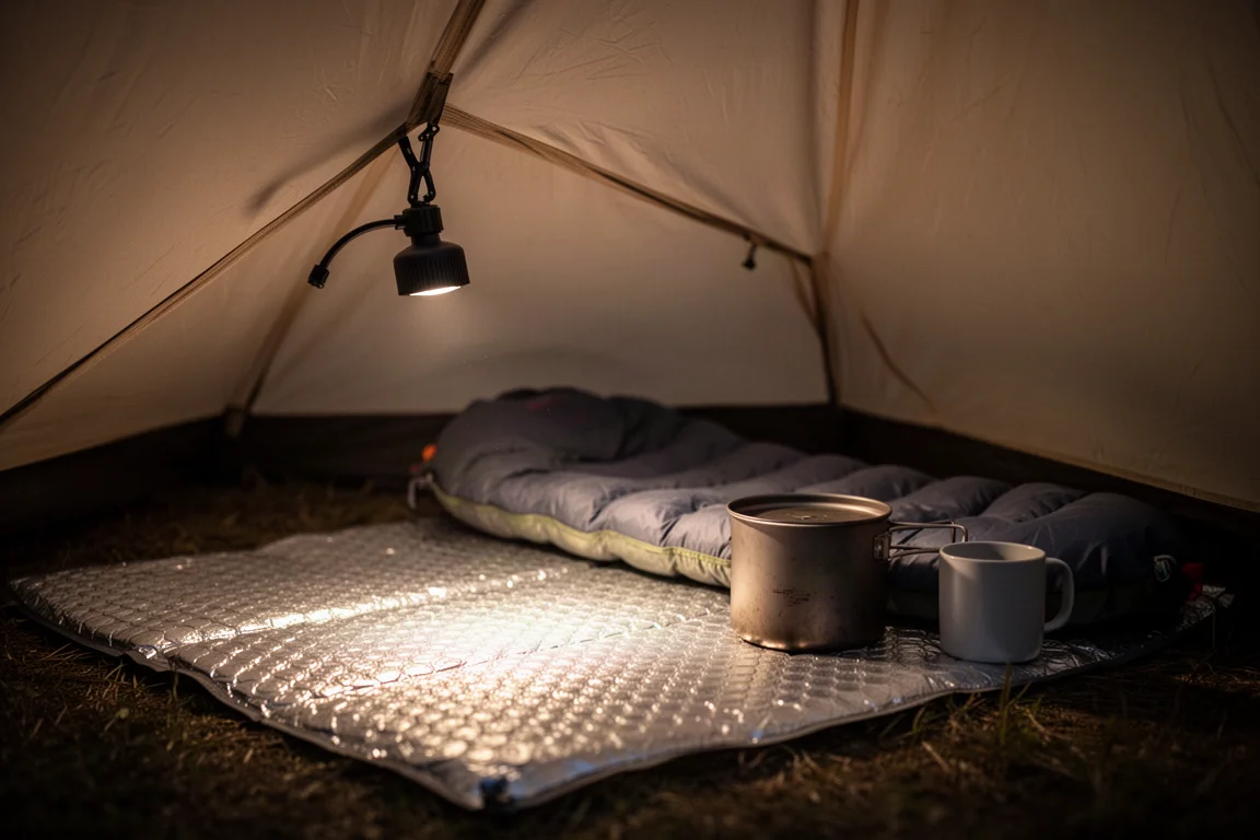 Piccola pompa ad aria appesa dentro una tenda che illumina un materassino in schiuma e un pad gonfiabile