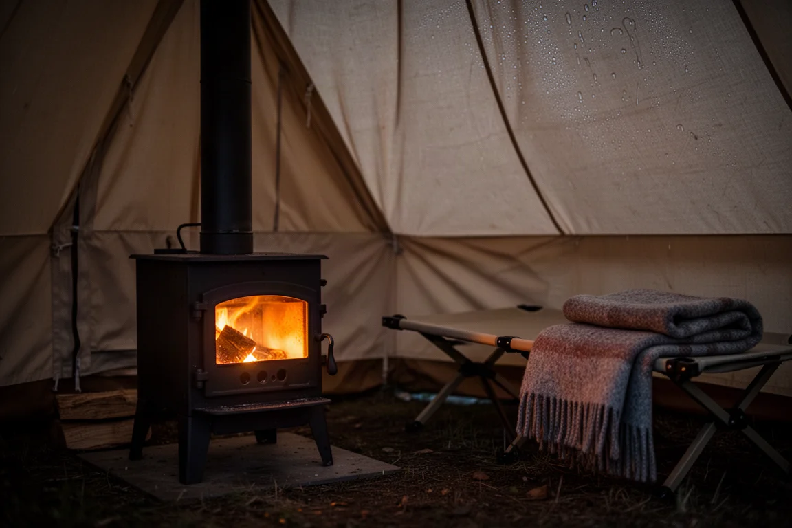 Piec na drewno świecący wewnątrz brezentowego hot tentu nocą