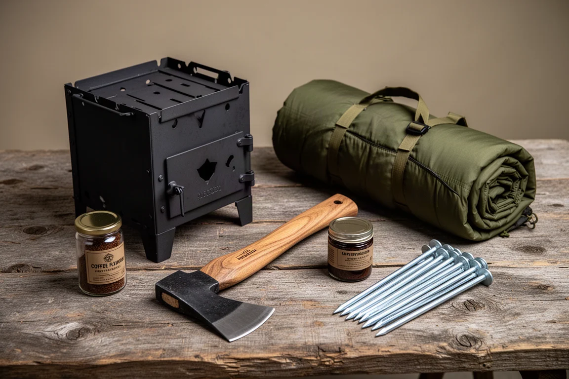 Cold-weather camping essentials arranged on a weathered wood surface