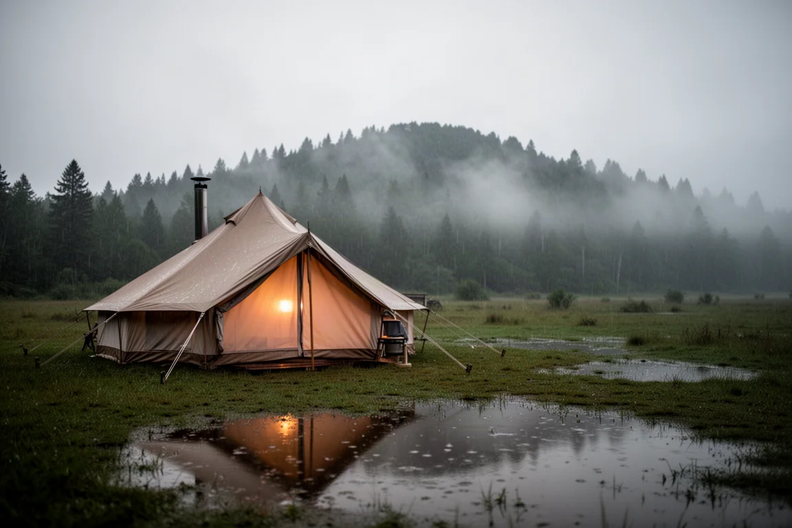 Hot Tent leuchtet schwach bei leichtem Regen in der Dämmerung, Nebel über einem bewaldeten Grat