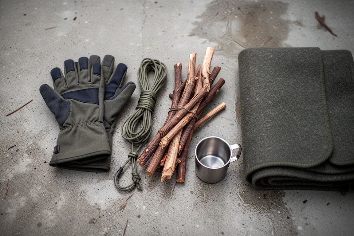 Draufsicht auf Hot-Tent-Camping-Essentials auf feuchtem Beton
