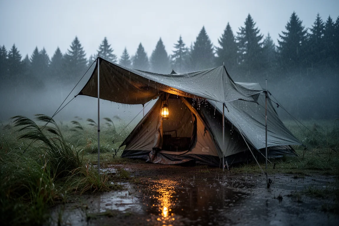 Regen perlt auf einer Plane, die über ein Zeltvordach gespannt ist, auf einem nassen Campingplatz in der Dämmerung