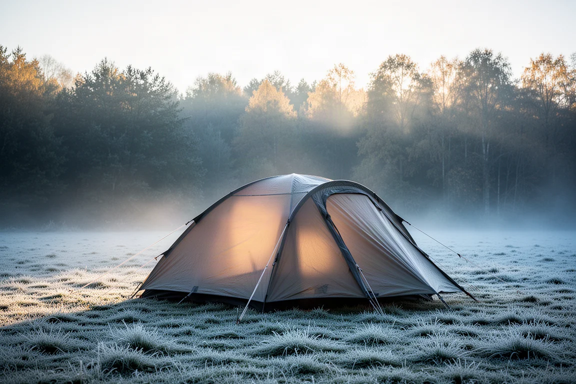 Frostiger Sonnenaufgang am Campingplatz mit warmem Licht, das durch ein großes Zelt scheint