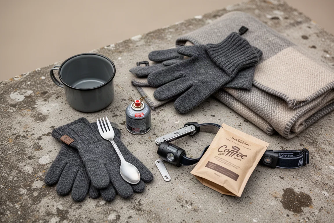Draufsicht auf Kaltwetter-Camping-Essentials auf einer Betonfläche