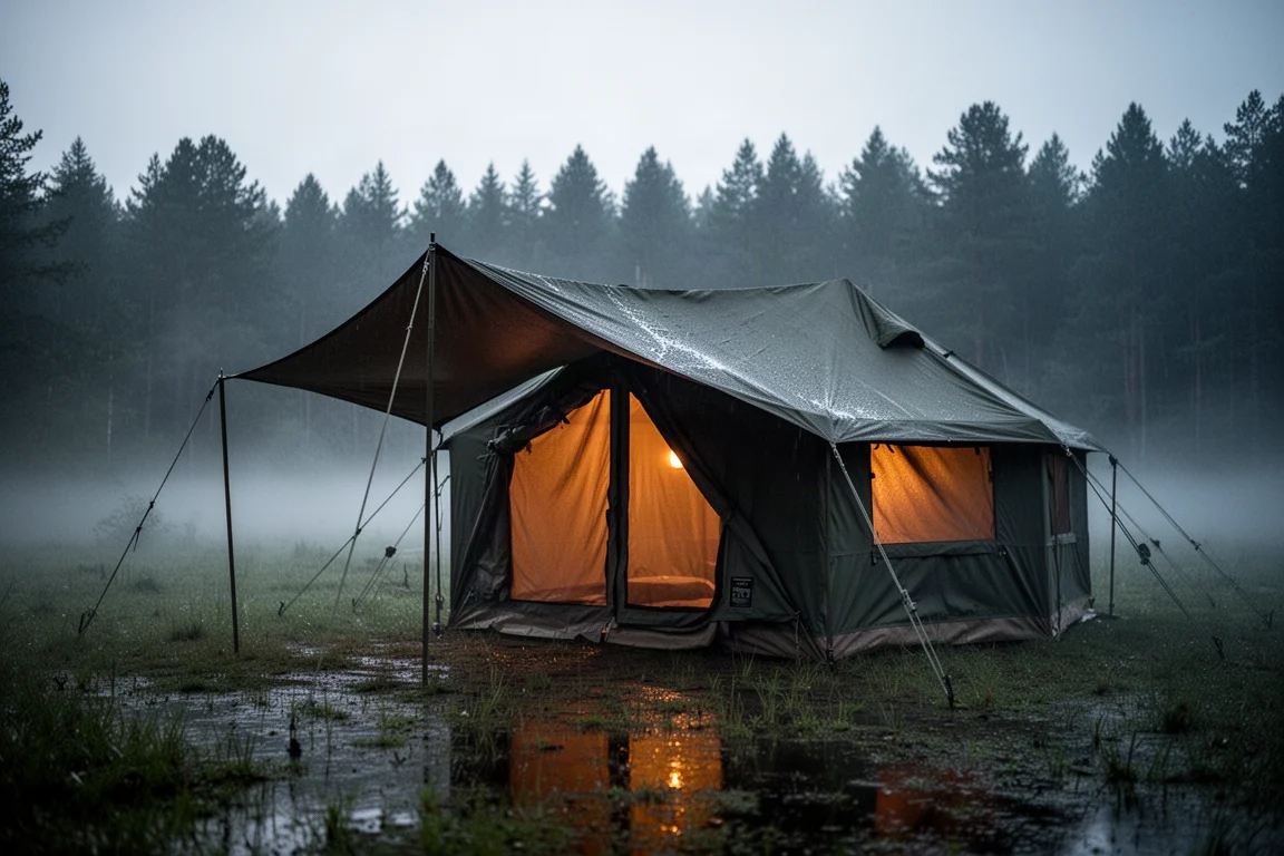 Duży namiot hot tent na cztery sezony z plandeką nad daszkiem na polanie w mglistym lesie o zmierzchu