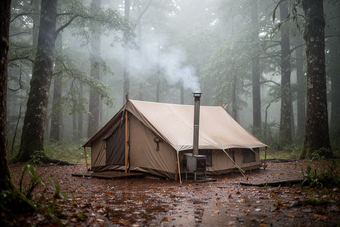 Wilgotny obóz leśny w ciągłym deszczu z płóciennym hot tent i dymem z rury kominowej pieca