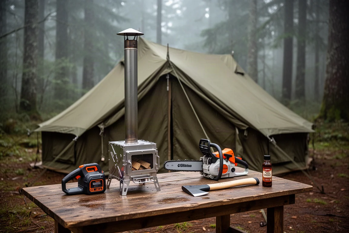 Sprzęt do hot tent campingu ułożony na drewnianym stole na wilgotnej leśnej polanie