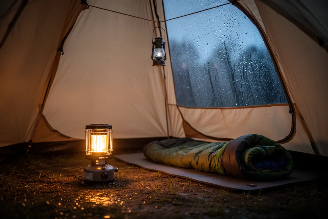 Innenraum eines großen Zeltes bei Nacht mit warm leuchtender tragbarer Heizung