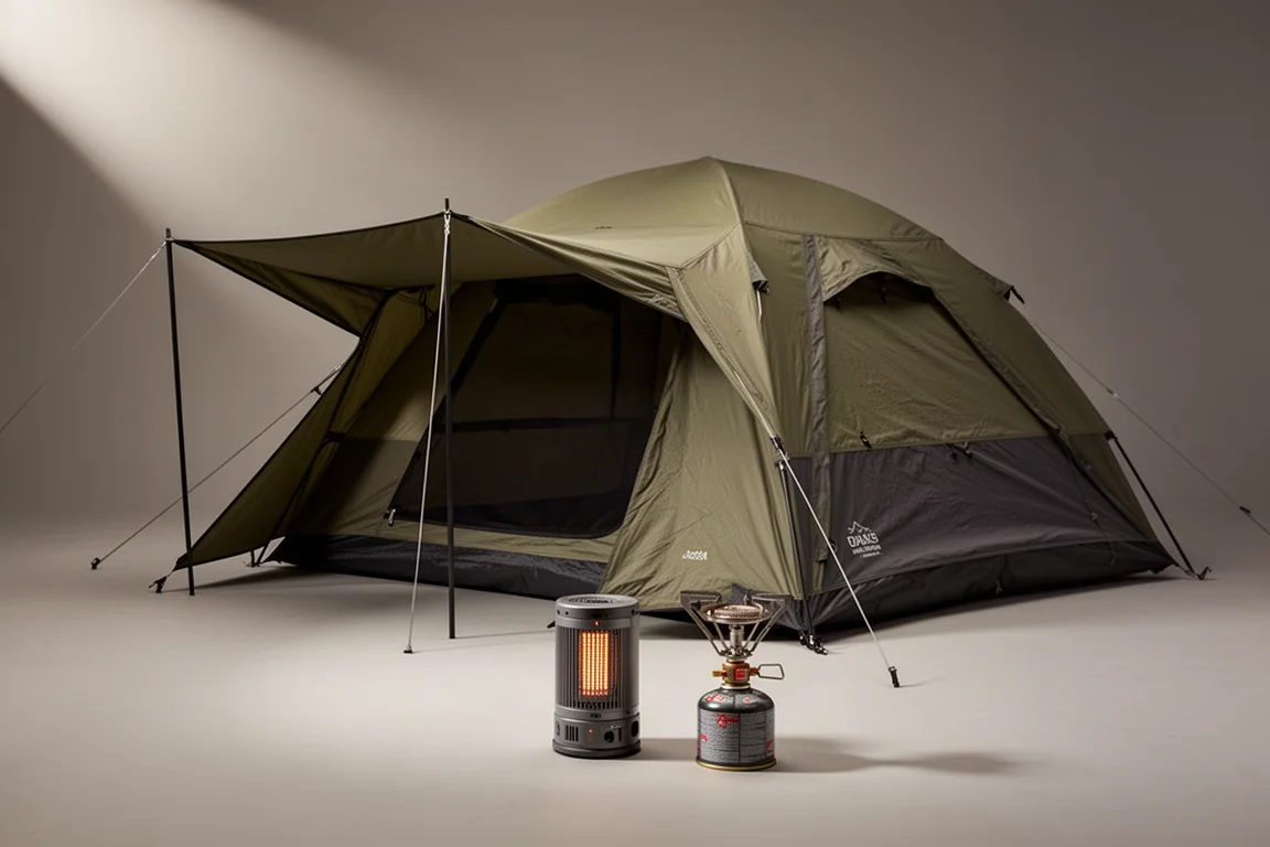 Four-season camping tent with a portable heater and canister stove arranged in front